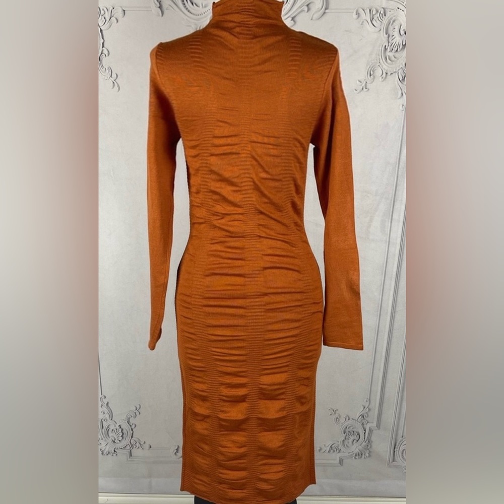 Chic Rust Midi Dress with Ruched Design - Picture 3 of 5